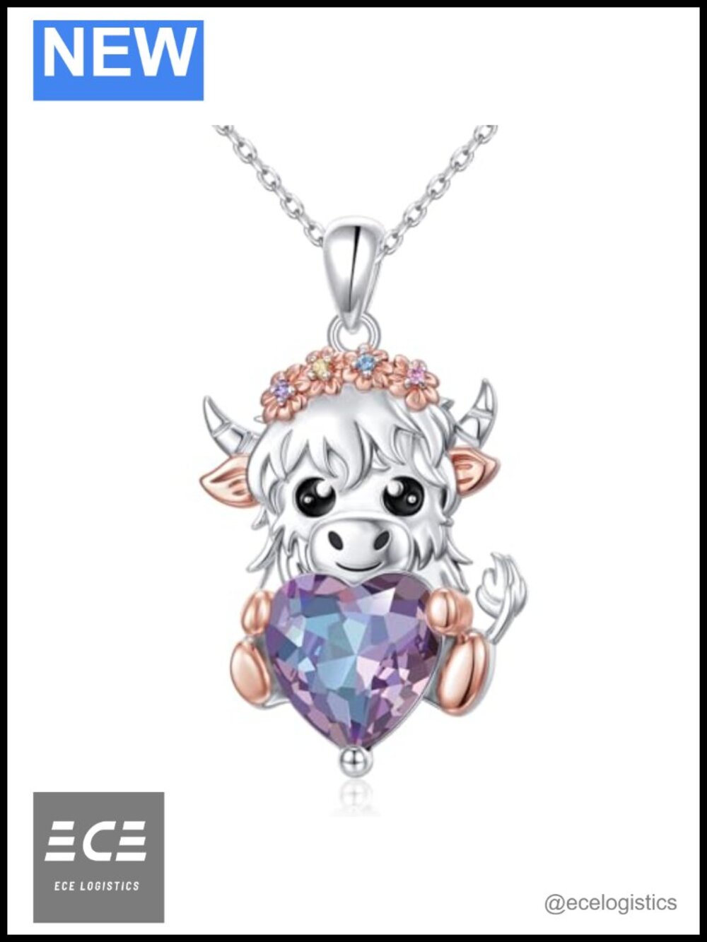 925 Sterling Silver Highland Cow Heart Birthstone Pendant Necklace 18in